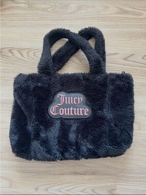 Juicy Couture Black Faux Fur Tote with Pink Logo Patch